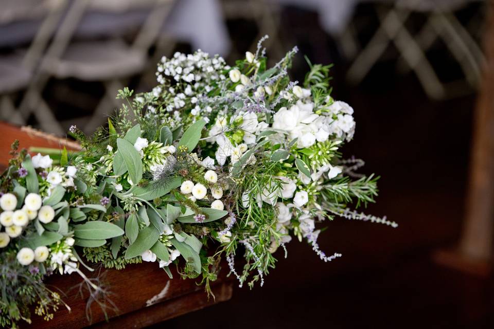 Herbal bouquets - some cut flowers (freesia, baby's breath), but primarily herbs: chamomile, three different varieties of sage, mint, rosemary, fennel, and seeded eucalyptus.
