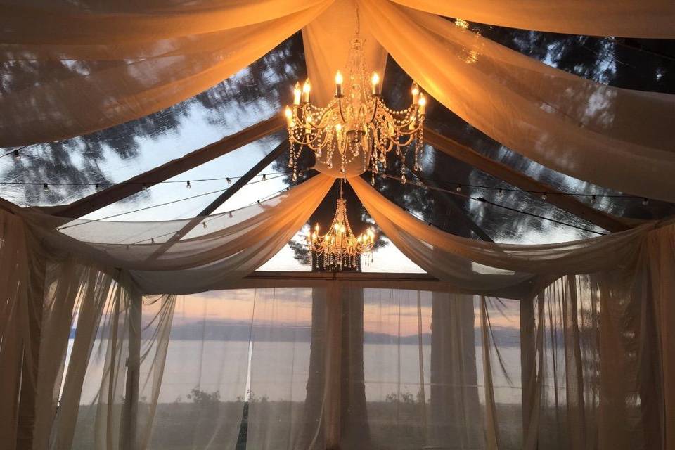 Tent chandelier and drapes