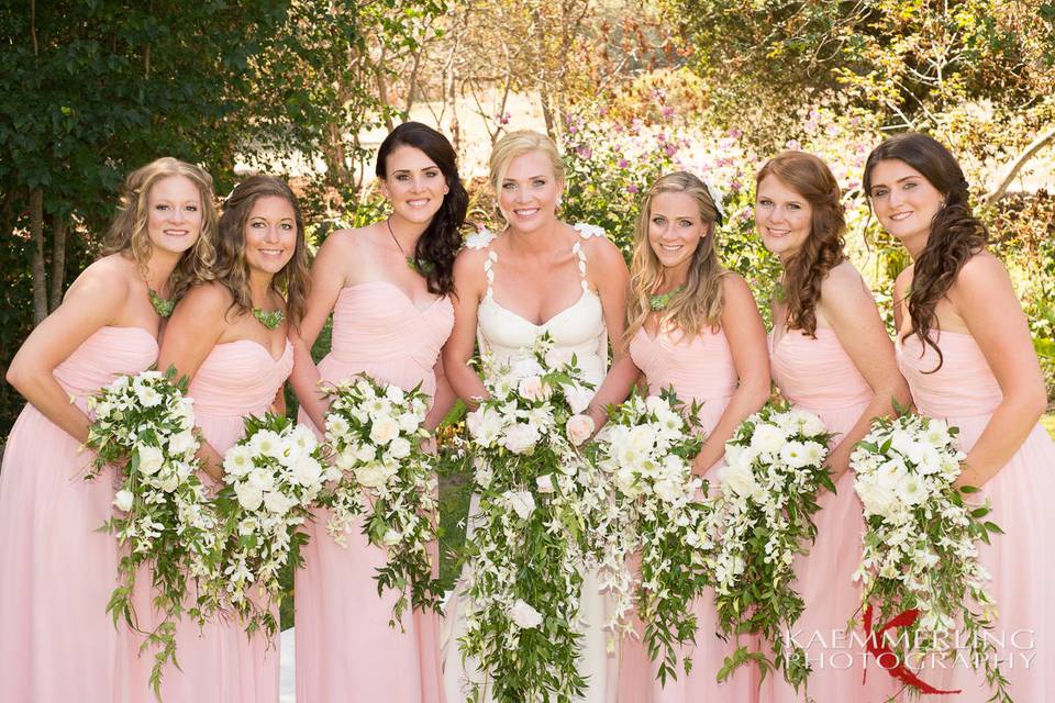 Cascade floral bouquets for bride and bridesmaids
