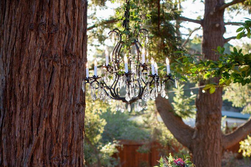 Outdoor redwood wedding reception sweetheart table