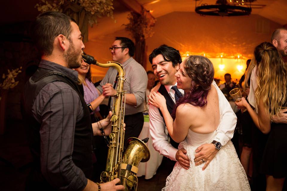 Pablo and Brittany on the dancefloor with the SOS DJ / Live combo band at Union Hill in Sonora, CA. Photo by  Joleen Willis