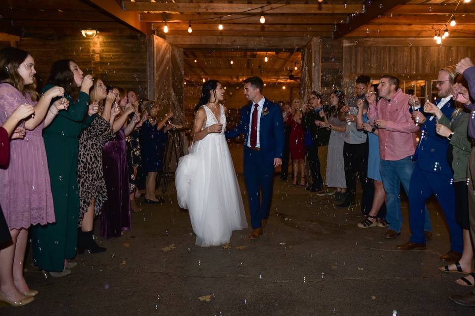 Bubble exit Barn Wedding