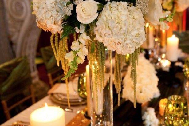 Candlelit dinner setup with floral decor