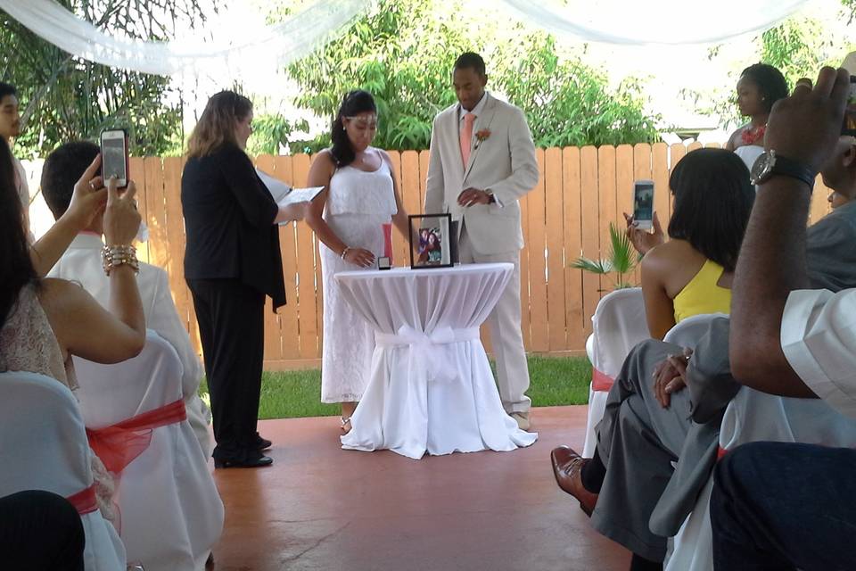 Ceremony was held at the couple's home in Houston, surrounded by family and friends.