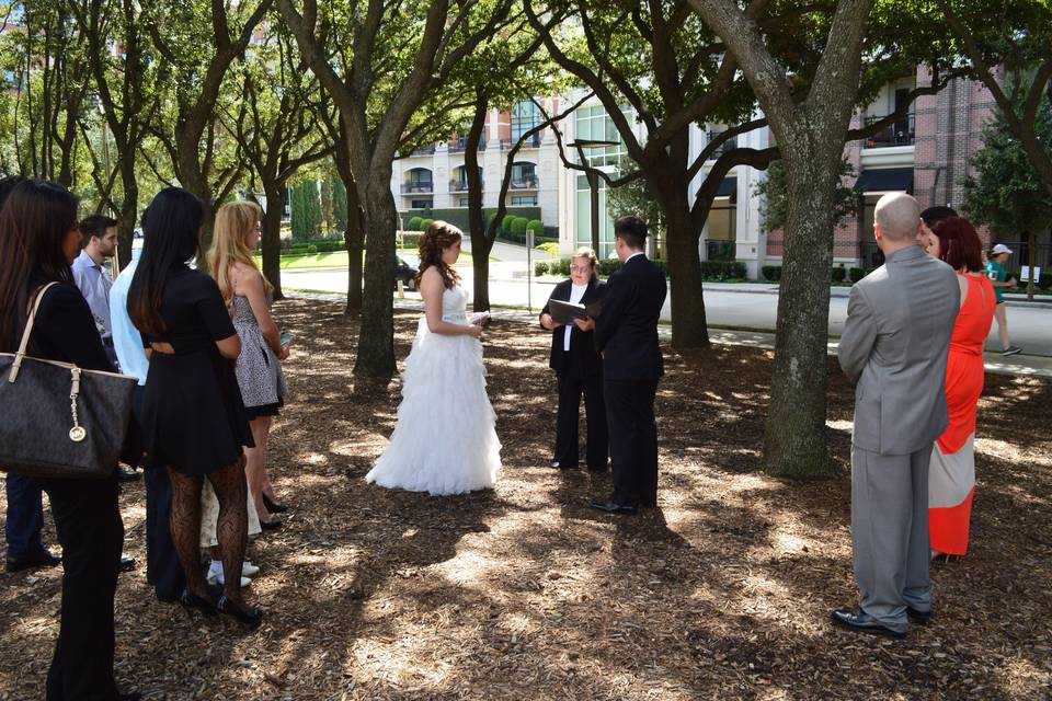 This ceremony was held near the Galleria Waterwall in Houston.