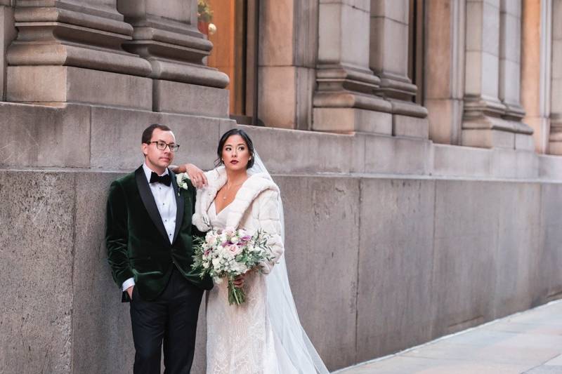 Newlyweds walking down the stairs