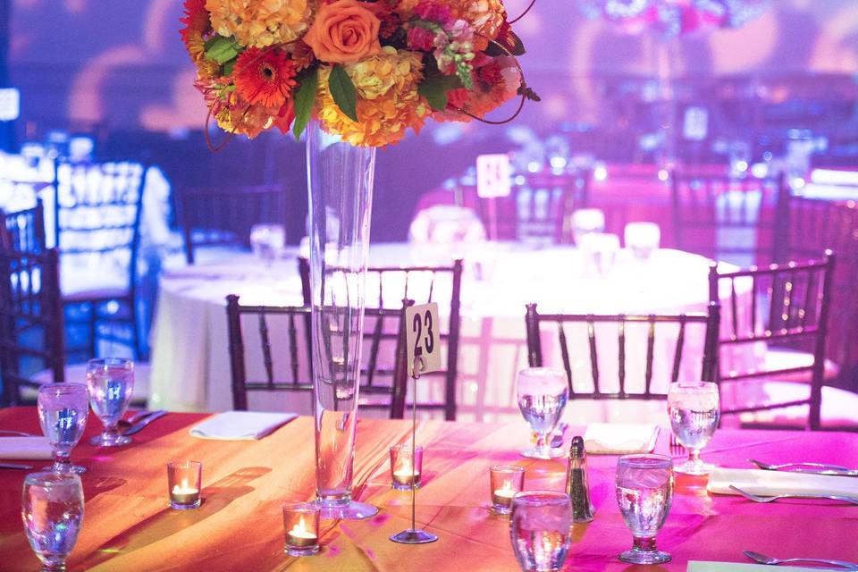 Table setup with centerpiece majestic ballroom