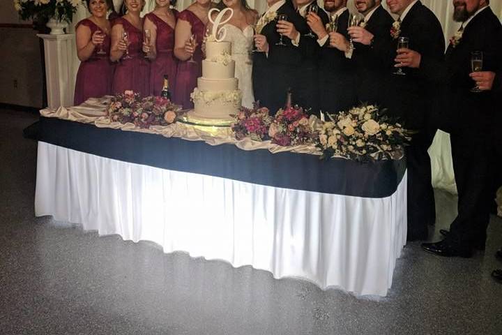 The couple with the bridesmaids and groomsmen