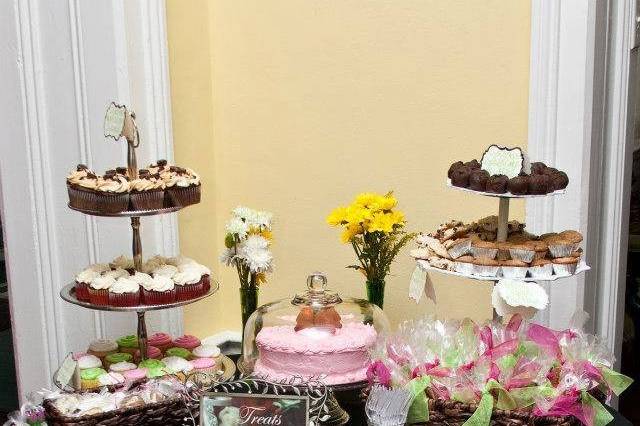 Dessert Bar: Reese Cup Cupcakes, Red Velvet Cupcakes, Fresh Strawberry Layer Cake, Assorted Candy and Muffins