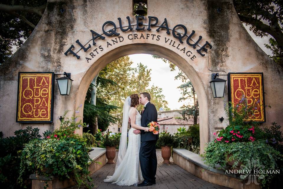 Bride and groom kissing