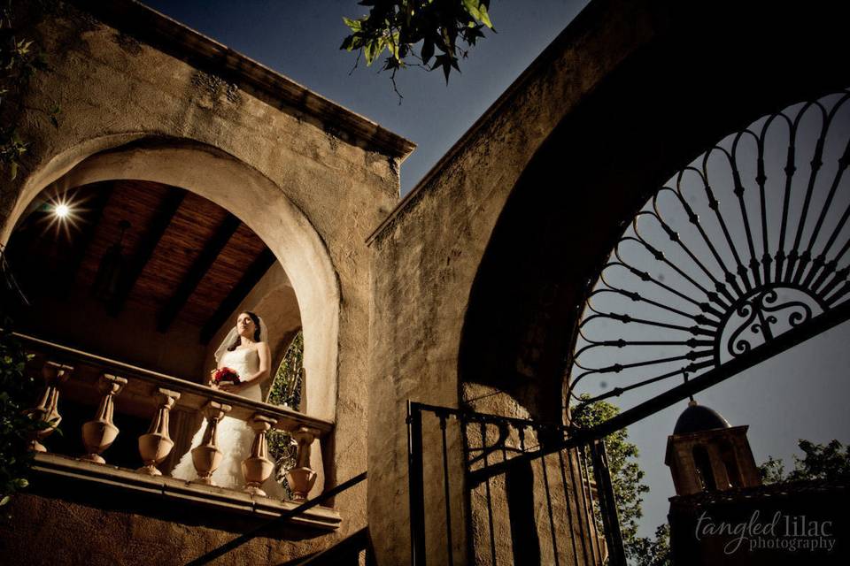 Bride by the balcony