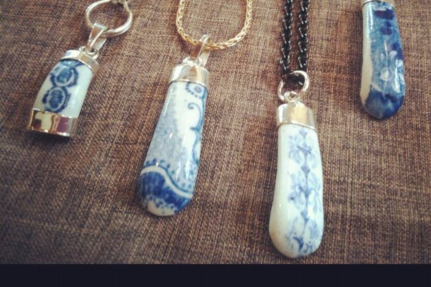Chaney pendants made from the handles of pottery pieces. Each bridesmaid would be in sync but uniquely different.