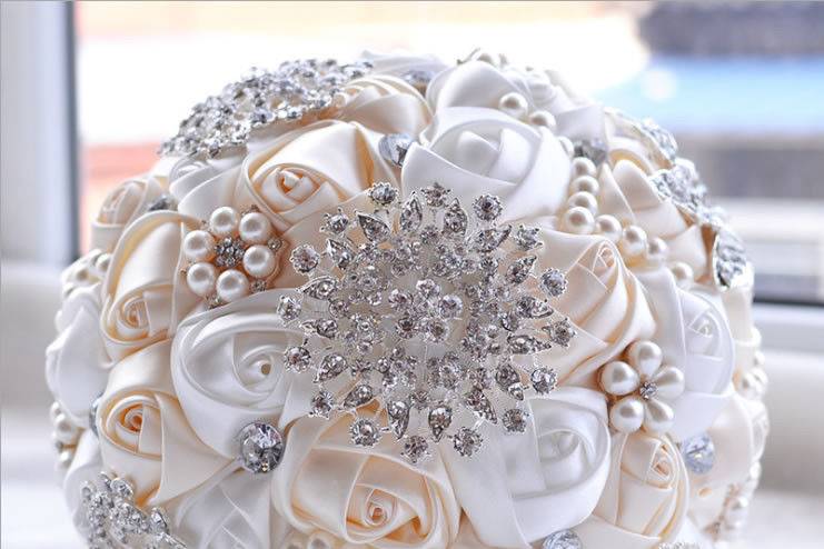 Silk Rose Flower Bouquet with Rhinestones and Pearls
