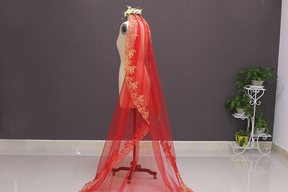 Red Lace Edged Bridal Veil