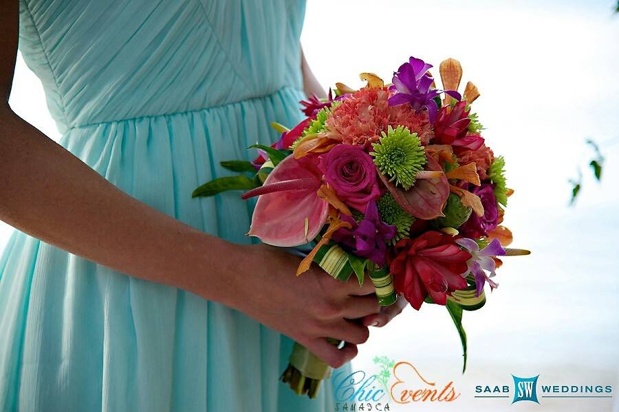 Assorted tropical bridesmaid bouquet