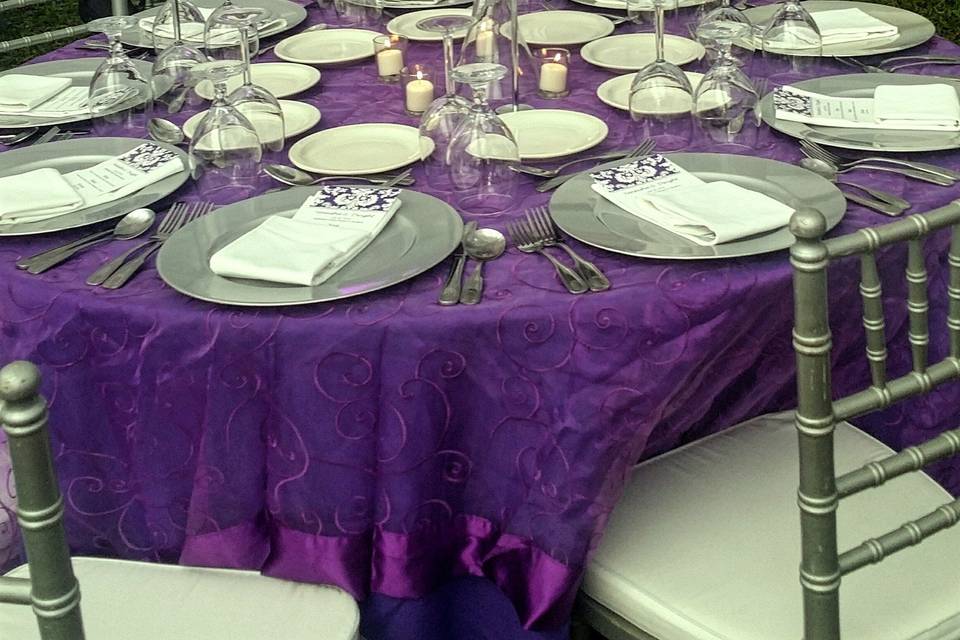 Purple and silver wedding decor