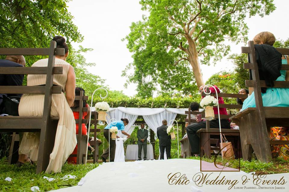 Garden Venue for wedding ceremony with shepherds hook