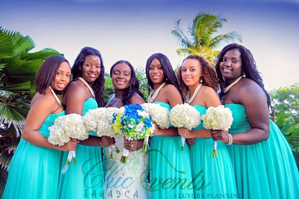 Assorted bridal bouquet for blue and green hydrangeas.  Bridesmaids bouquet of white Hydrangeas