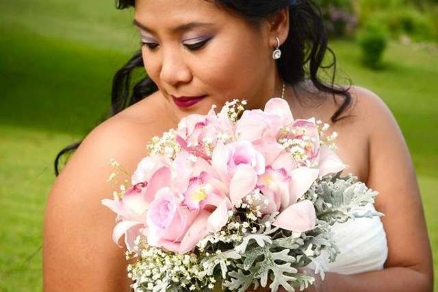 Blush cymbidum with blush roses for bridal bouquet