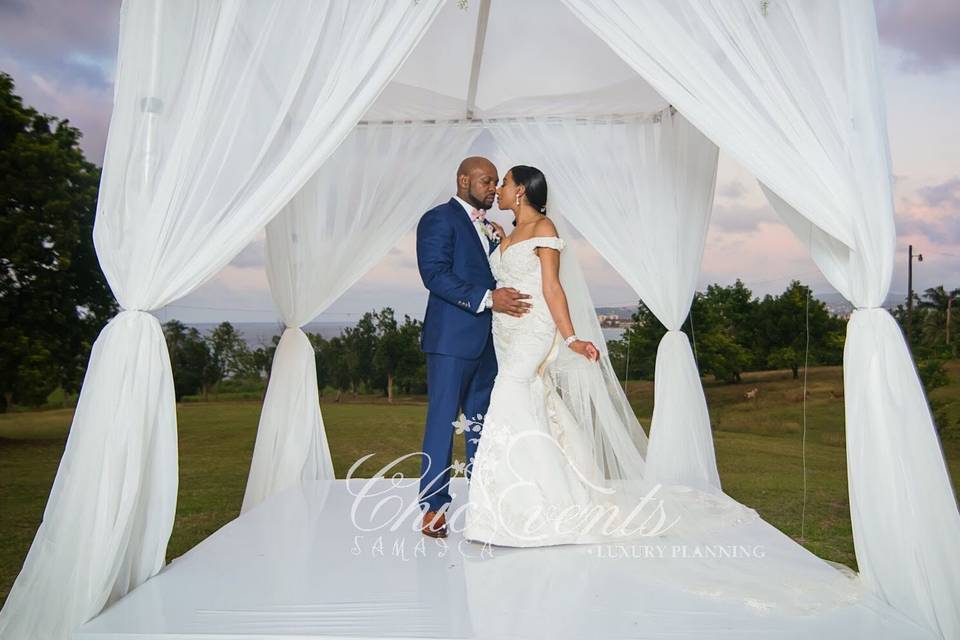 4 post huppah draped in white sheer with blush roses and white hydrangeas floral garland