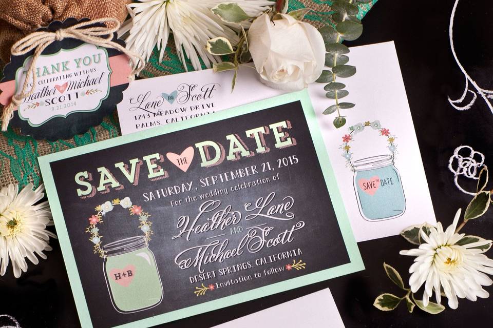Rhis elegant vintage floral wedding invitation juxtaposed against a classic, retro chalkboard is the perfect choice for your upcoming wedding celebration. The vintage mason jar with pastel colored floral bouquet adds a whimsical element to this truly gorgeous wedding invitation!
We expertly print on metallic shimmer paper and artfully hand-mount each invitation on gorgeous, thick 110# mint green card stock.
Click the link below to view on our website:
http://delightinvite.com/delight-invite-c-61/invitations-c-61_62/wedding-invitations-c-61_62_67/vintage-chalkboard-mason-jar-wedding-invitations-p-2686.html