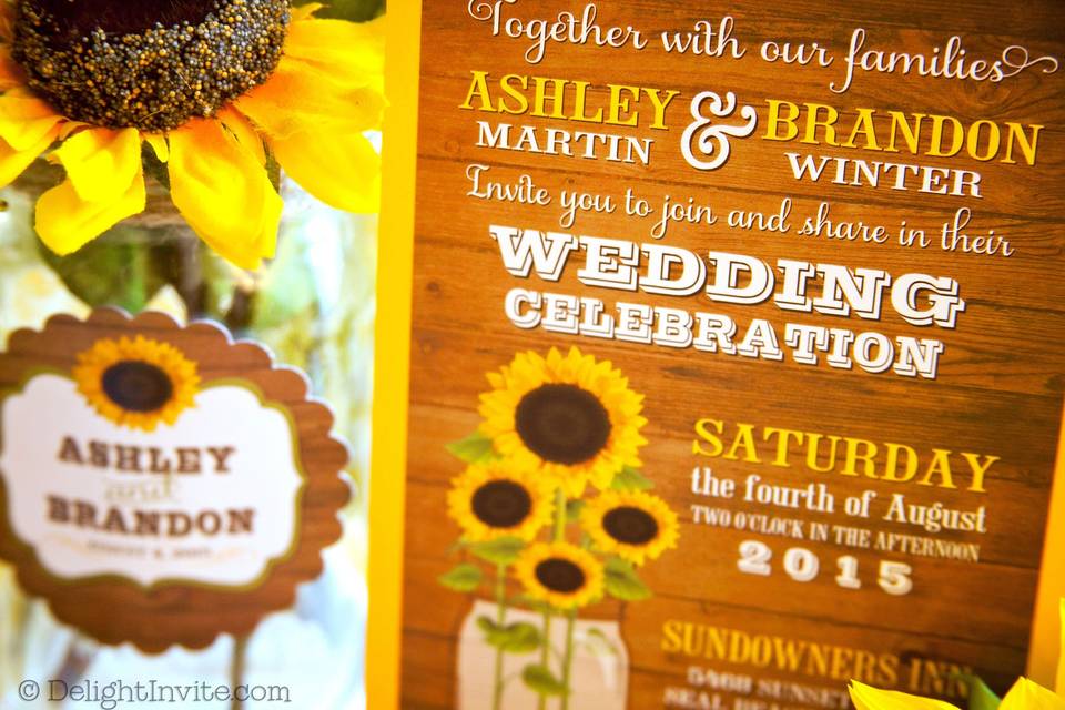 This rustic Sunflower Mason Jar wedding invitation is inviting with an understated elegance. Juxtaposed against a rustic wooden background, this Sunflower wedding invitation design is captivating and exudes warm thought and happy wishes. The mason jar adds a vintage, whimsical element to this lovely rustic sunflower mason jar wedding design.
This rustic sunflower mason jar wedding invitation is expertly printed on shimmer paper and artfully hand-mounted on gorgeous deep yellow 120# sunflower yellow gold card stock.
Click the link below to view this invitation on our website:
http://delightinvite.com/delight-invite-c-61/invitations-c-61_62/wedding-invitations-c-61_62_67/rustic-sunflower-mason-jar-wedding-invitations-p-2700.html