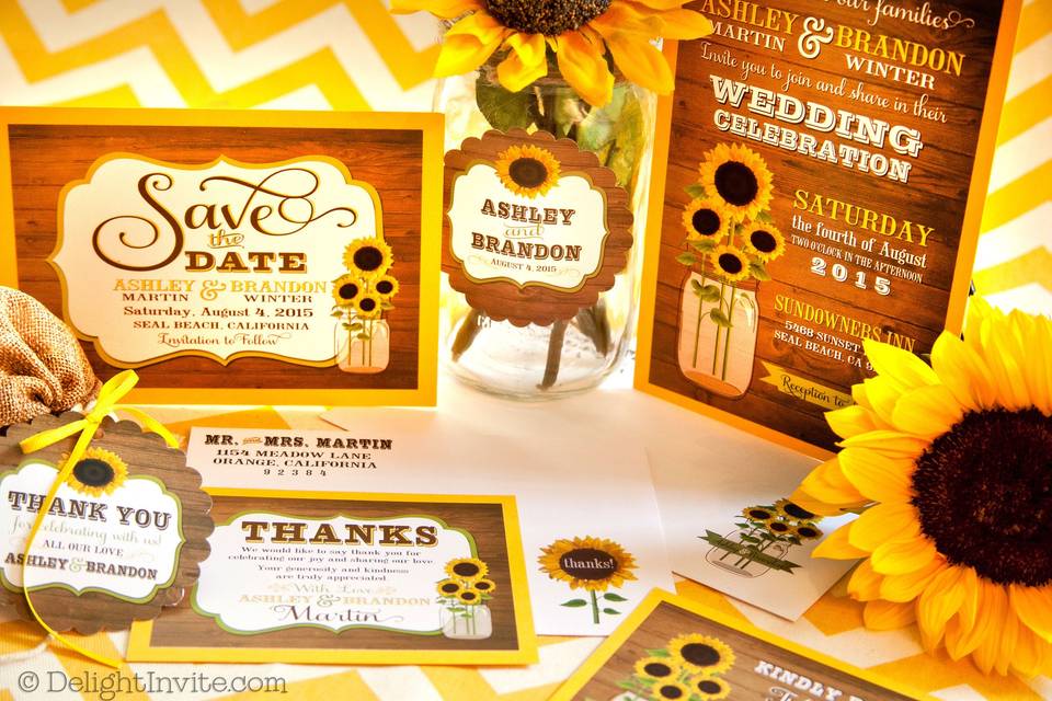 This rustic Sunflower Mason Jar wedding invitation is inviting with an understated elegance. Juxtaposed against a rustic wooden background, this Sunflower wedding invitation design is captivating and exudes warm thought and happy wishes. The mason jar adds a vintage, whimsical element to this lovely rustic sunflower mason jar wedding design.
This rustic sunflower mason jar wedding invitation is expertly printed on shimmer paper and artfully hand-mounted on gorgeous deep yellow 120# sunflower yellow gold card stock.
Click the link below to view this invitation set on our website:
http://delightinvite.com/delight-invite-c-61/invitations-c-61_62/wedding-invitations-c-61_62_67/rustic-sunflower-mason-jar-wedding-invitations-p-2700.html