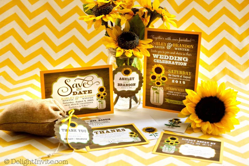 This rustic Sunflower Mason Jar wedding invitation is inviting with an understated elegance. Juxtaposed against a rustic wooden background, this Sunflower wedding invitation design is captivating and exudes warm thought and happy wishes. The mason jar adds a vintage, whimsical element to this lovely rustic sunflower mason jar wedding design.
This rustic sunflower mason jar wedding invitation is expertly printed on shimmer paper and artfully hand-mounted on gorgeous deep yellow 120# sunflower yellow gold card stock.
Click the link below to view this invitation set on our website:
http://delightinvite.com/delight-invite-c-61/invitations-c-61_62/wedding-invitations-c-61_62_67/rustic-sunflower-mason-jar-wedding-invitations-p-2700.html
