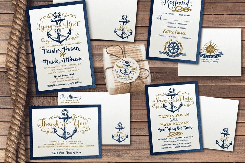 This simple Nautical motif is a knock-out and tells a compelling story when paired with all the other details in this invitation ensemble. From the rustic rope to the classic anchor design, it is a beautiful nautical wedding invitation design that is the perfect union for your 