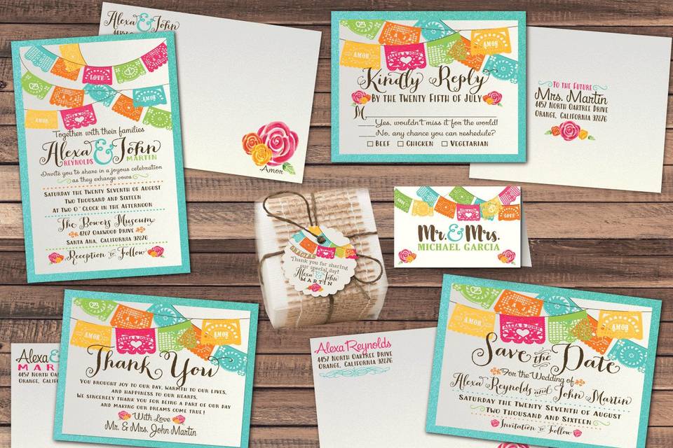 This Mexican Papel Picado Flags Fiesta Wedding invitation is truly spectacular! The retro fonts and paper flags juxtaposed against the metallic shimmer mounted aqua blue card stock creates a festive design with rich and colorful graphics pop off the page!
**We can create this Fiesta style Wedding invitation with any custom wording.
This gorgeous Fiesta Papel Picado Flags Wedding invite is expertly printed on metallic shimmer paper and artfully hand-mounted on beautiful thick metallic aqua colored card stock. The mounted card stock piece is extremely thick and the two-piece mounted invitation gives this design the hand-crafted look you are searching for!
http://delightinvite.com/delight-invite-c-61/invitations-c-61_62/wedding-invitations-c-61_62_67/mexican-fiesta-paper-flags-wedding-invitations-p-4359.html