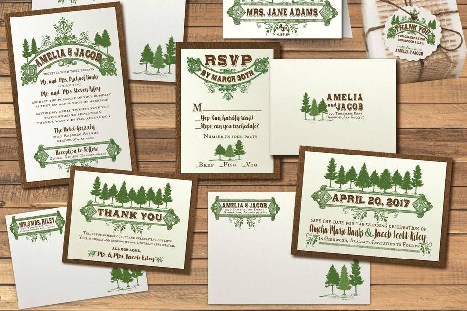 Are you looking for something woodsy and rustic for your upcoming nuptials? Then look no further…we have a stunning woodland forest trees wedding invitation that is perfect for that outdoorsy bride and groom!
We expertly print each invitation on beautiful paper and artfully hand-mount each invitation on gorgeous, thick 120# woodgrain textured card stock. The mounted card stock piece is extremely thick and the two-piece mounted invitation gives this design the hand-crafted look you are searching for!
Click the link below to view on our website:
http://delightinvite.com/delight-invite-c-61/invitations-c-61_62/wedding-invitations-c-61_62_67/woodland-evergreen-forest-rustic-wedding-invitations-p-2797.html