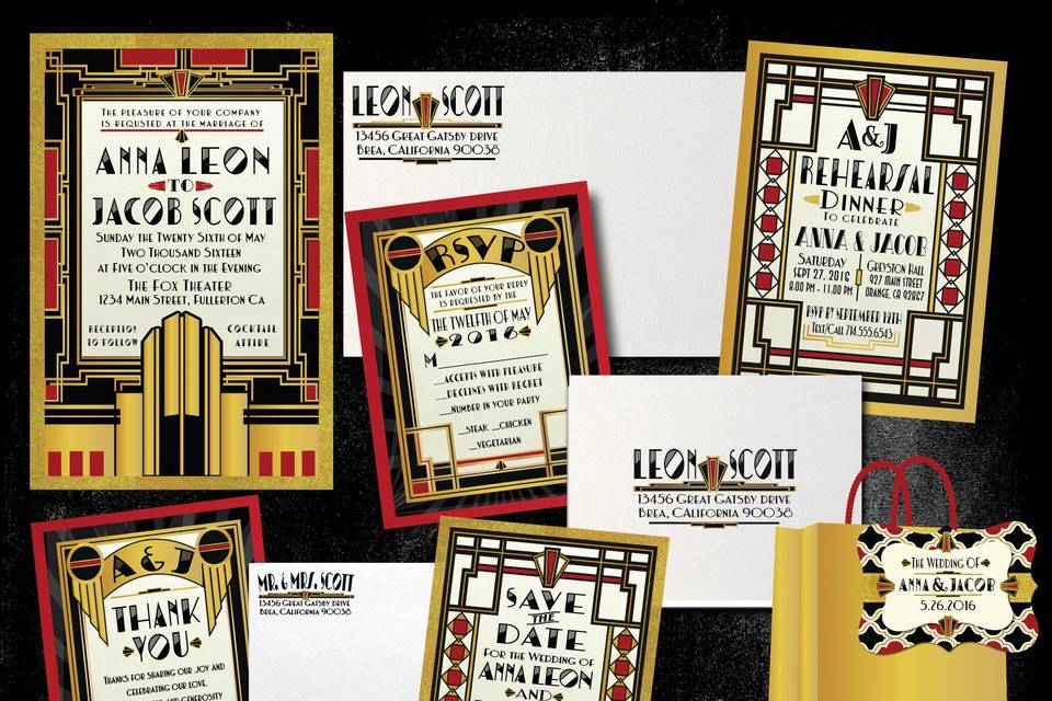 Black, Red, and Gold exudes luxury and this invitation announces in Grand Gatsby Ballroom style. This vintage Art Deco inspired invitation is sure to get friends and family excited for your day from the moment it arrives. The vintage Gatsby-esque style adds a whimsical element to this truly gorgeous wedding invitation!
We expertly print these Art Deco wedding invitations on metallic shimmer paper and artfully hand-mount each invitation on gorgeous, thick 120# metallic gold card stock. The mounted card stock piece is extremely thick and the two-piece mounted invitation gives this design the hand-crafted look you are searching for!
Please click the link below to view on our website:
http://delightinvite.com/delight-invite-c-61/invitations-c-61_62/wedding-invitations-c-61_62_67/art-deco-gatsby-gold-and-black-wedding-invitations-p-4395.html