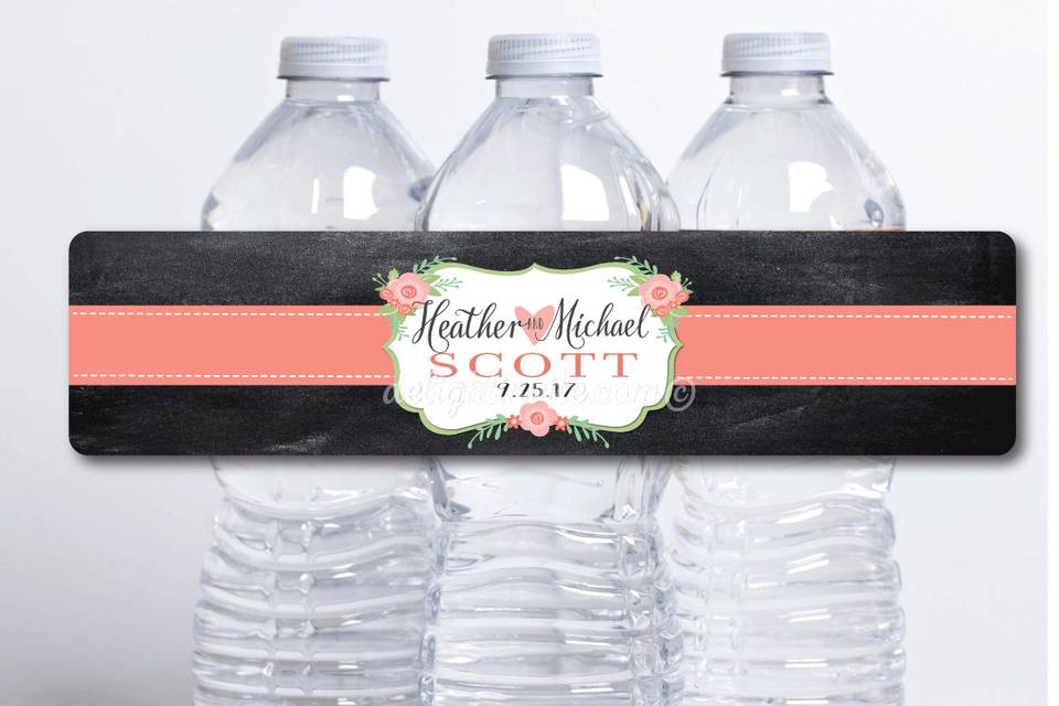 We have a wonderful custom vintage chalkboard floral wedding water bottle label design that is the perfect finishing touch for your upcoming joyous wedding celebration!
These vintage chalkboard floral wedding bottle labels are printed on professional, vinyl waterproof material that you peel and stick directly on the water bottles. They are reusable too! If you mess up putting on, no worries! They can be taken off and place back on with no damage to the labels.
We do not print on paper and expect you to glue on! These never stay on the bottles and the graphics bleed and the paper gets soggy and tears when the water bottles become wet.
http://delightinvite.com/delight-invite-c-61/party-favors-c-61_64/water-bottle-labels-c-61_64_293/vintage-chalkboard-floral-wedding-water-bottle-labels-p-4597.html