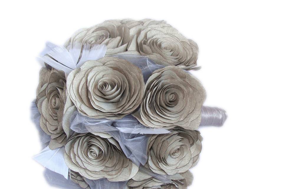 THIS LISTING:This lovely Victorian style bouquet is made using grey coffee filter paper Roses with white feathers and silver organza mixed into and surrounding the flowers. The handle is wrapped in silver satin ribbon with a grey organza flower and a silver pearl in the middle and thiny silver bows. Each flower petal is hand cut, individually painted, hung to dry, assembled and shaped to create the perfect Rose. Coordinating boutonniere and corsages also available. Please contact us for different colors or package discounts.