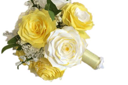 Bouquets are made of different shades of yellow and white paper coffee filter Rose and Peony. Between the flowers are delicate silk flowers and leaves. The stems are wrapped in satin ribbon.