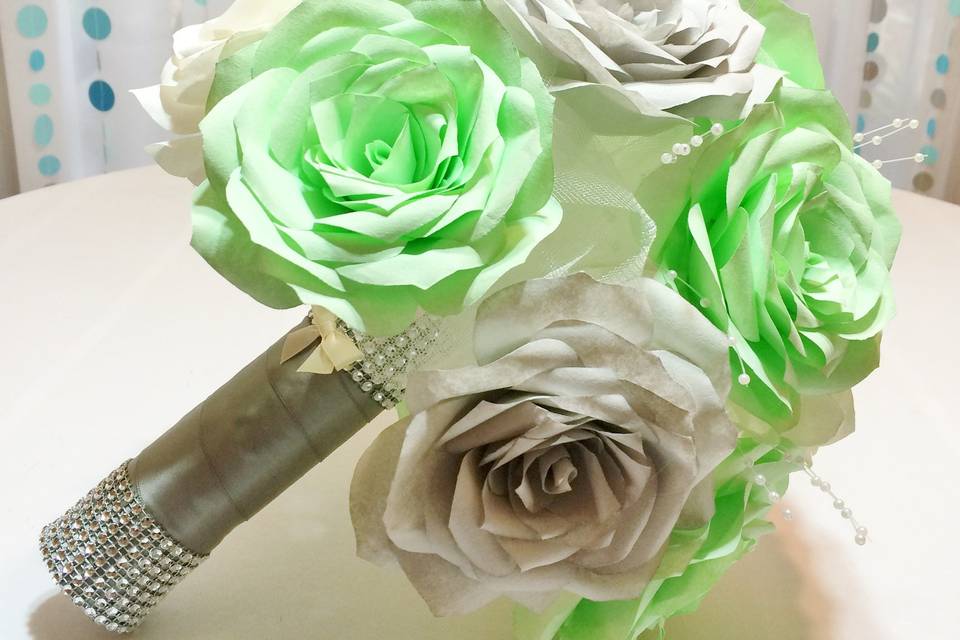 Handmade coffee filter paper Rose bouquet in mint green and silver.