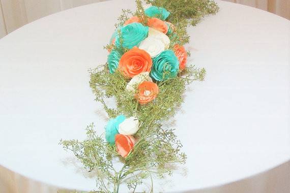 Paper floral garland in Tiffany blue, coral and white