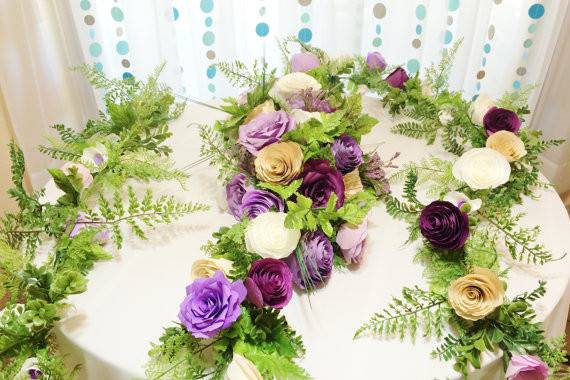 12 Floral garland, wedding arch or table runner. Paper floral arrangements for arches using Lavender, plum, purple and white Peonies, Camelias and Roses. The flowers can be made in any color or color combination.