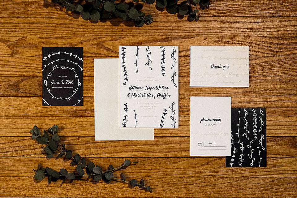 This collection was inspired by a casual modern wedding in Chicago. Simplistic leaves grace the pages in different orientations to add interest and continuity. Navy, sage, and white keep the look classic.
