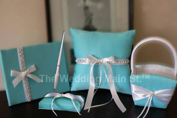 Guest Book, Pen, Ring Pillow, Flower Girl Basket in Tiffany Blue Theme