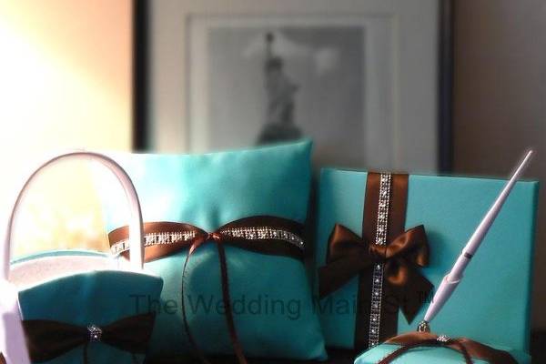 Guest Book, Pen, Ring Pillow, Flower Girl Basket in Tiffany Blue Choco Theme