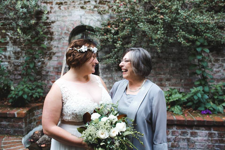 I LOVE this photo of mom & bride. It was a joyful day even with gray October skies, but the rain never arrived! Bouquet by Sammy's Flowers, crown from Etsy shop. Photo by The Fischers Handmade at Leach Botanical Gardens.