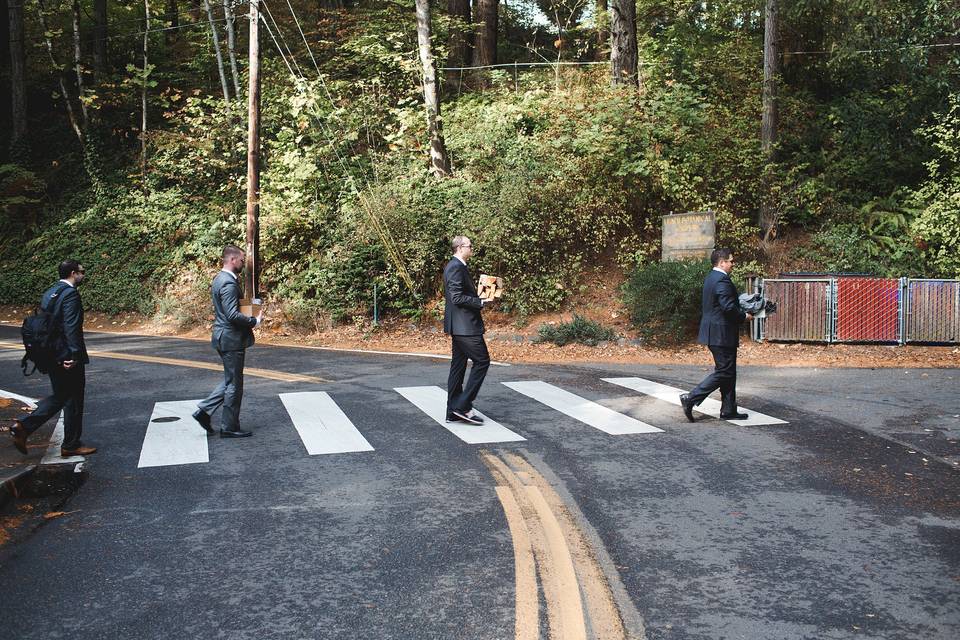 The Beatles were a theme weaved throughout the wedding day for this Portland garden wedding. The groomsmen all had their roles! Photo by The Fischers Handmade.