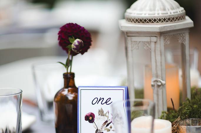 Centerpiece close-up. Whimsy, simple, with a sprinkle of shire. Photo by The Fischers Handmade. Overall styling by AWE Productions. Lantern from Something Borrowed Vintage Rentals Portland.