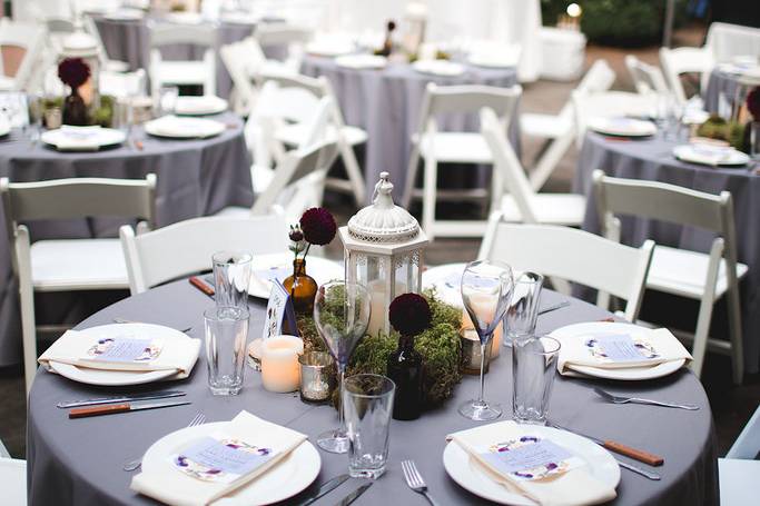 October 2015 wedding at Leach Botanical Garden in SE Portland. Simple centerpieces with a touch of whimsy! Overall styling by AWE Productions. Lanterns from Something Borrowed Vintage Rentals Portland, tent & linens from West Coast Event Productions. Photo by The Fischers Handmade.