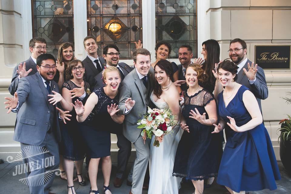 Couple with bridesmaid and groomsmen