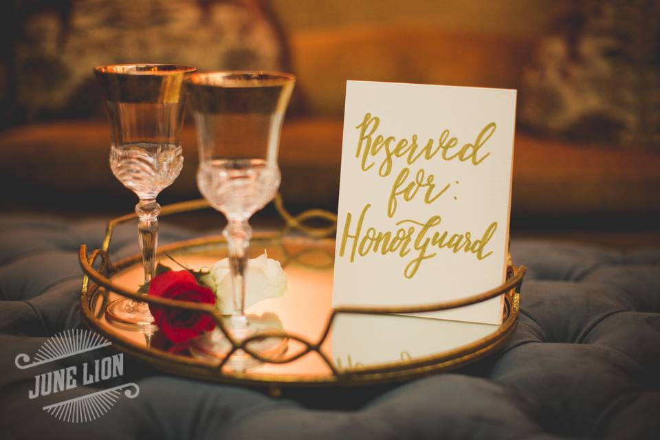 Vintage lounge area details, reserved for the wedding party (aka Honor Guard).