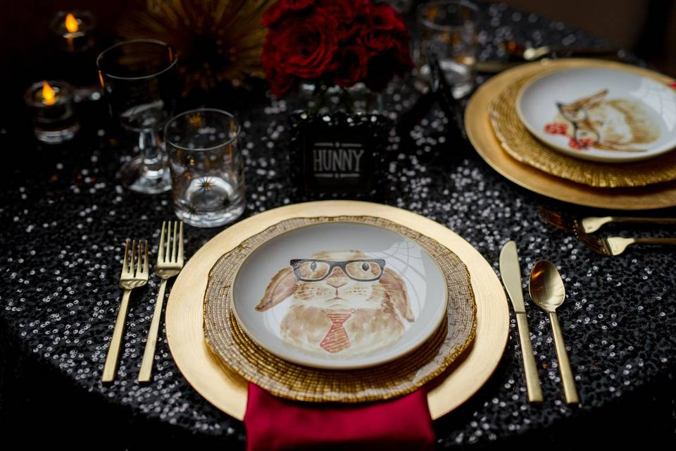 Hunny Bunny Glam sweetheart table complete with hipster salad plates and sequin linens.