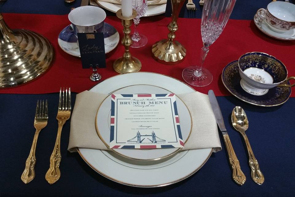 Downton Abbey inspired brunch & tea wedding reception place setting.