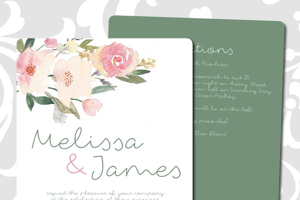 Complete wedding invitation suites - custom printed invitation cards, pocket folders, rsvp cards, envelopes, enclosures, belly bands, monograms squares, custom address printing.